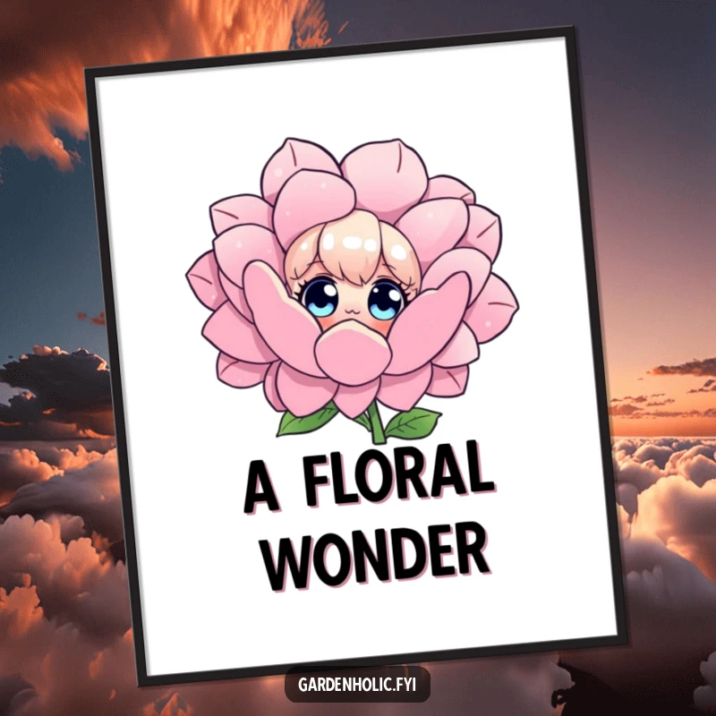 Funny digital art print of a character with wide eyes admiring a massive, blooming flower, capturing a moment of breathtaking natural beauty.