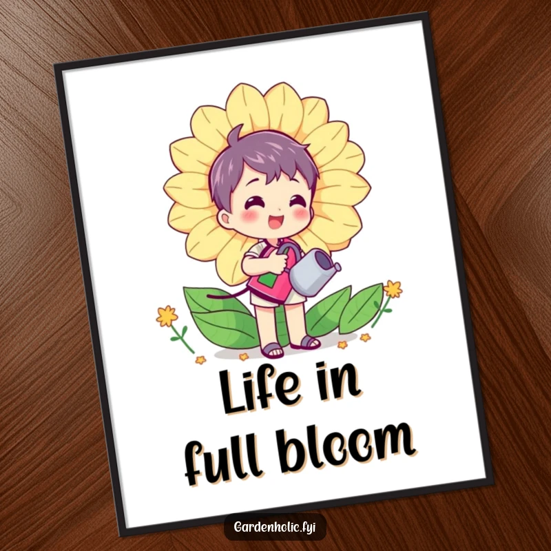 Funny digital art print of a character happily watering a gigantic, smiling flower with a mini watering can, symbolizing care and vibrant life.