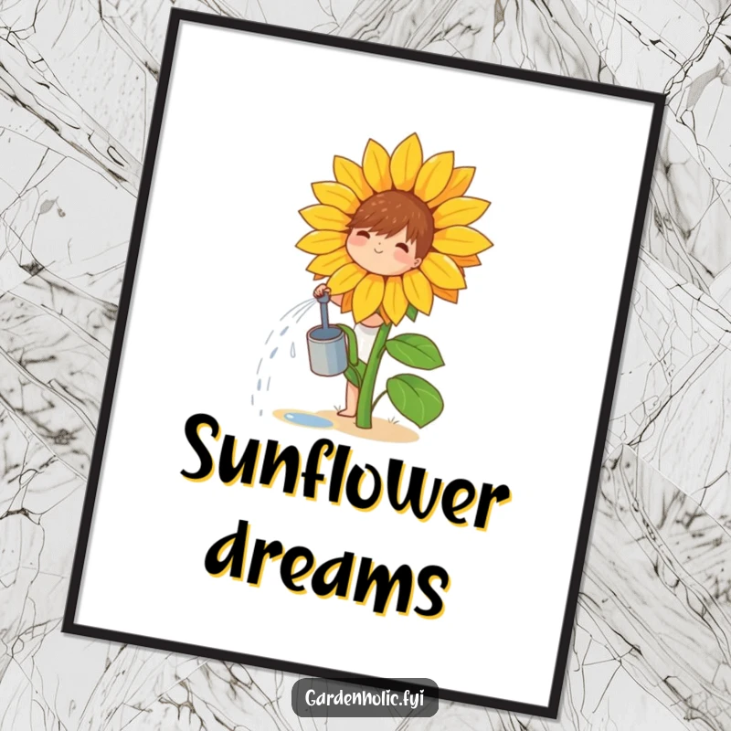 Funny digital art print of a small, joyful character watering a single, giant sunflower, full of vibrant, happy energy.