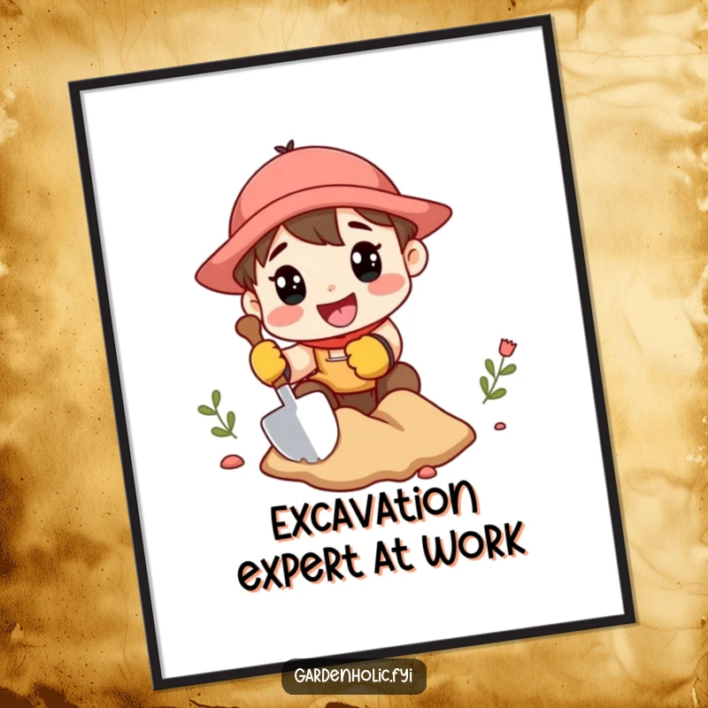 Funny digital art print of a character in gardening gloves, enthusiastically digging with a miniature shovel, symbolizing garden preparation and fun.
