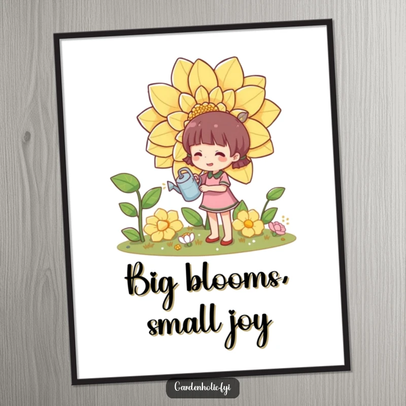 Funny digital art featuring a character happily watering a huge, blooming flower with a tiny watering can, symbolizing growth.