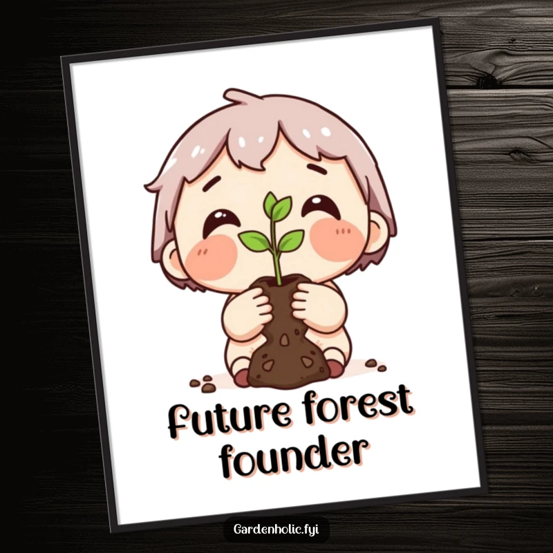Funny digital art print of a dirt-smudged character proudly holding a tiny seedling, symbolizing new beginnings and garden success.