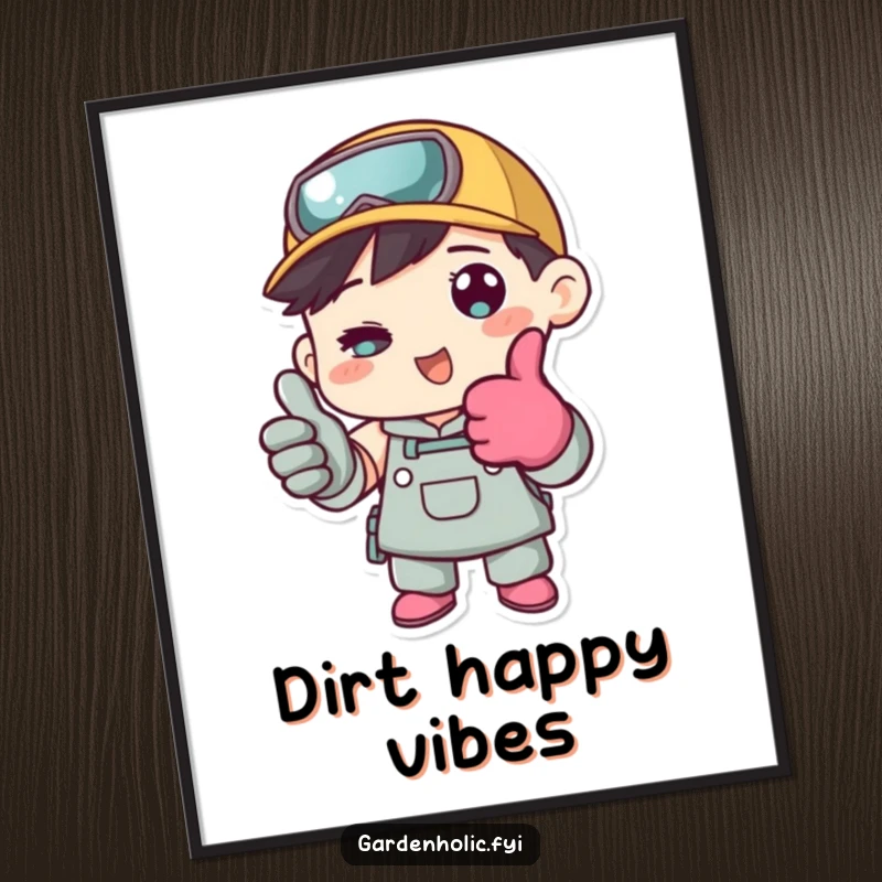 Funny digital art print of a character in gardening gloves giving a thumbs up, perfect for instant, cheerful garden-themed decor.