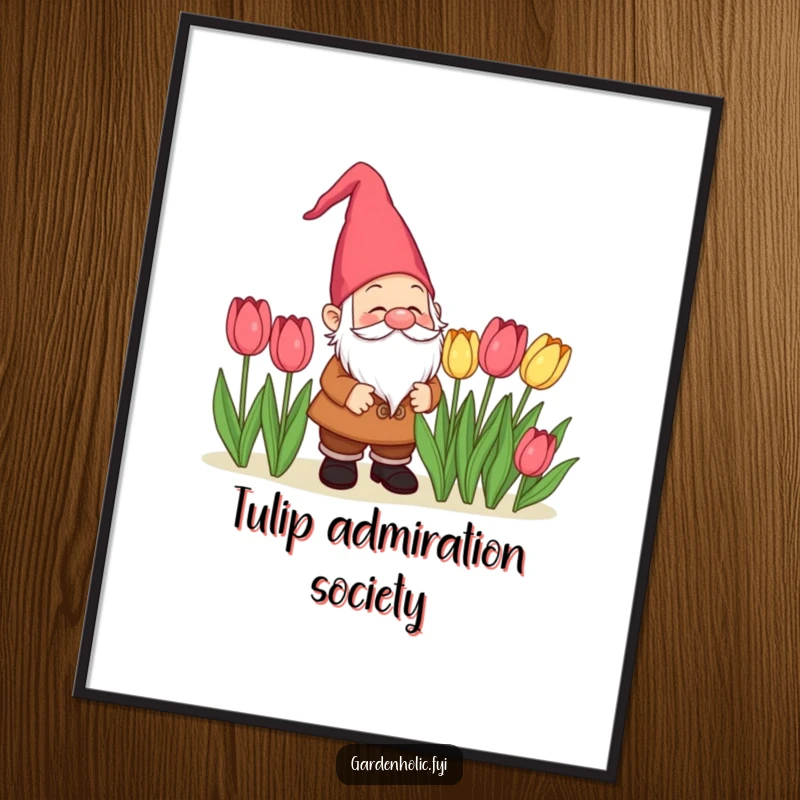 Funny delighted gnome character admiring tulips as digital art, a charming and funny printable garden gift.