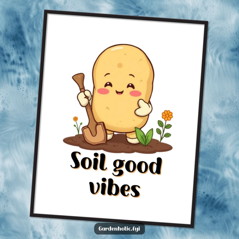 Funny digital art print: A happy potato wearing gardening gloves, digging with great enthusiasm, a joyful piece of wall art.