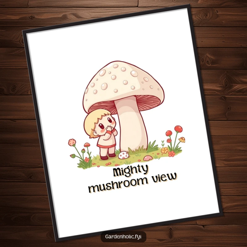 Funny Digital Art: A character excitedly inspects a giant, dewy mushroom, creating a humorous and enchanting visual.