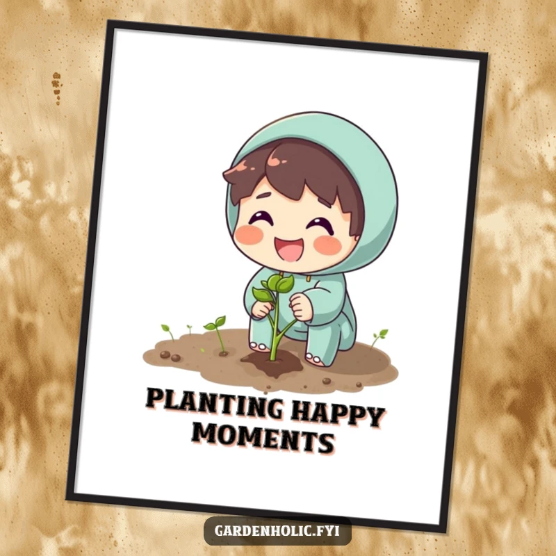 Funny digital art featuring an excited character planting a seed with a beaming smile, symbolizing growth.