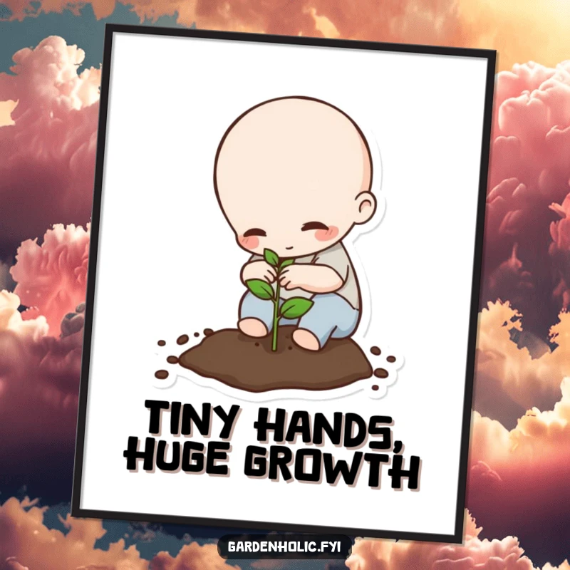 Funny Digital Art Print: Tiny being planting a seed with great care, offering humorous garden charm and hope, a perfect funny gift.