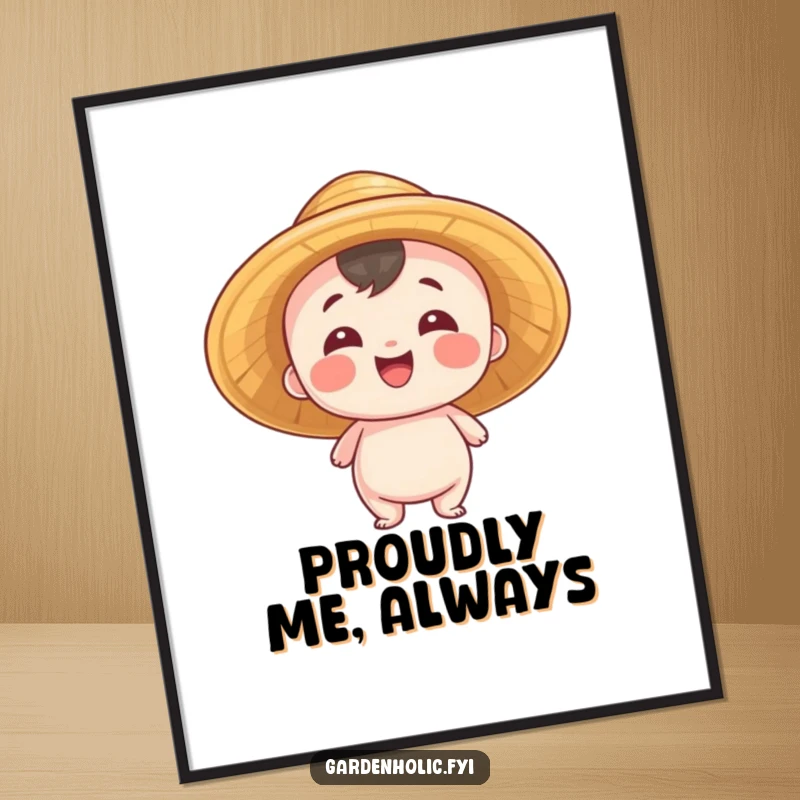 Funny Digital Art Print: Small entity wearing a straw hat, beaming with pride, offering humorous celebration and cheer, a perfect funny gift.