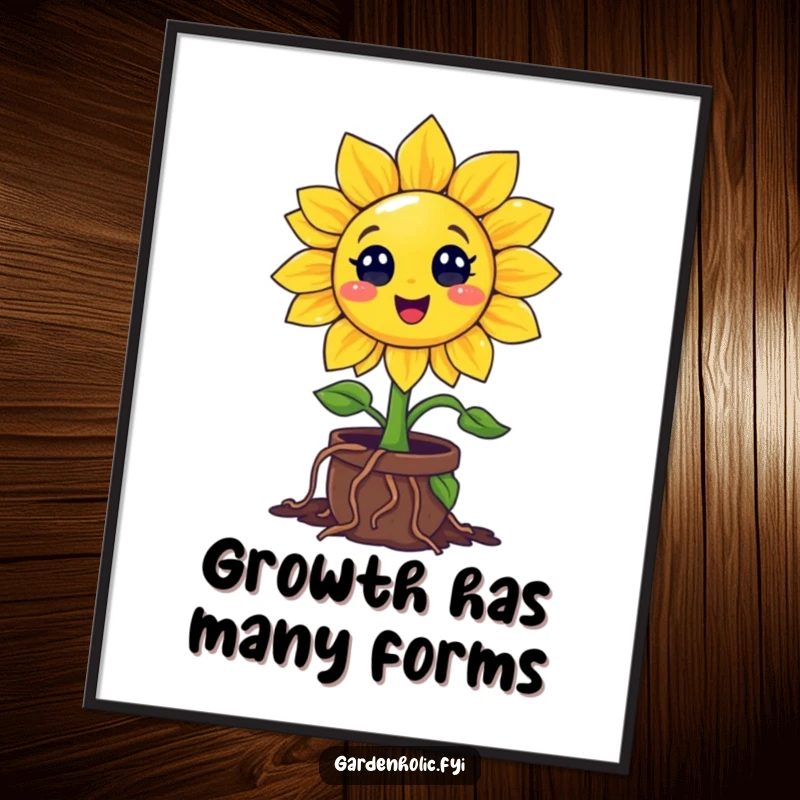 Funny Sunflower Digital Art Print: Character Enthusiastically Digging Roots into a Tiny Pot, Cheerful and Humorous Instant Download