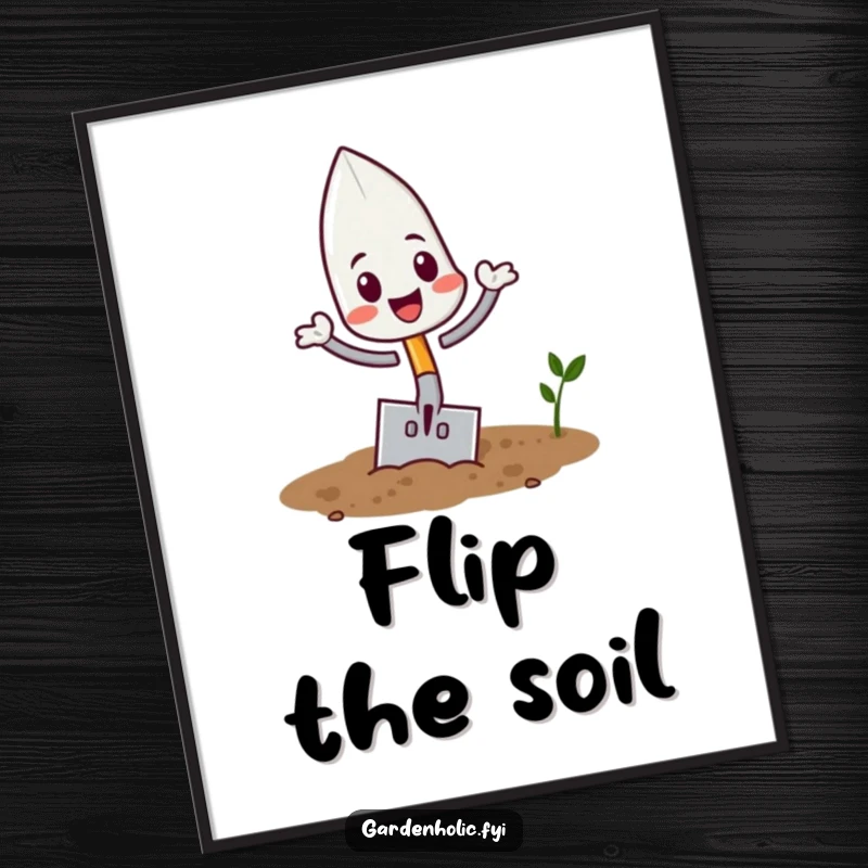 Funny playful trowel character flipping in soil as digital art, a fun and funny printable gardening gift.