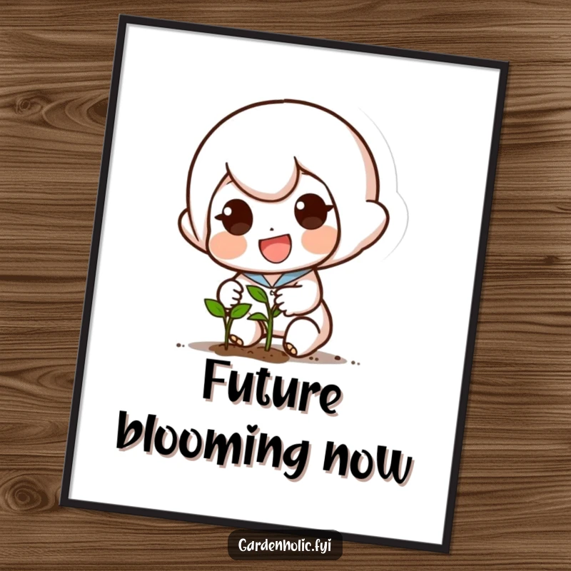 Funny digital art print of a small, excited character planting a tiny seed with a determined smile, symbolizing growth and effort.