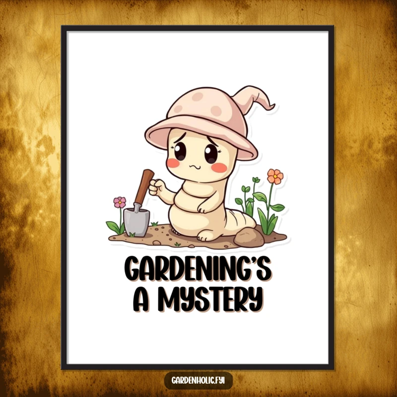 Funny digital art print of a confused worm wearing a tiny gardening hat and holding a trowel, adding charm to decor.