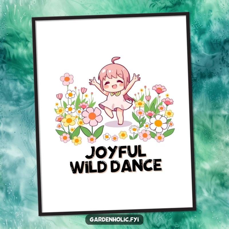 Funny digital art print of a little character joyfully doing a victory dance amidst blooming flowers, symbolizing pure happiness.
