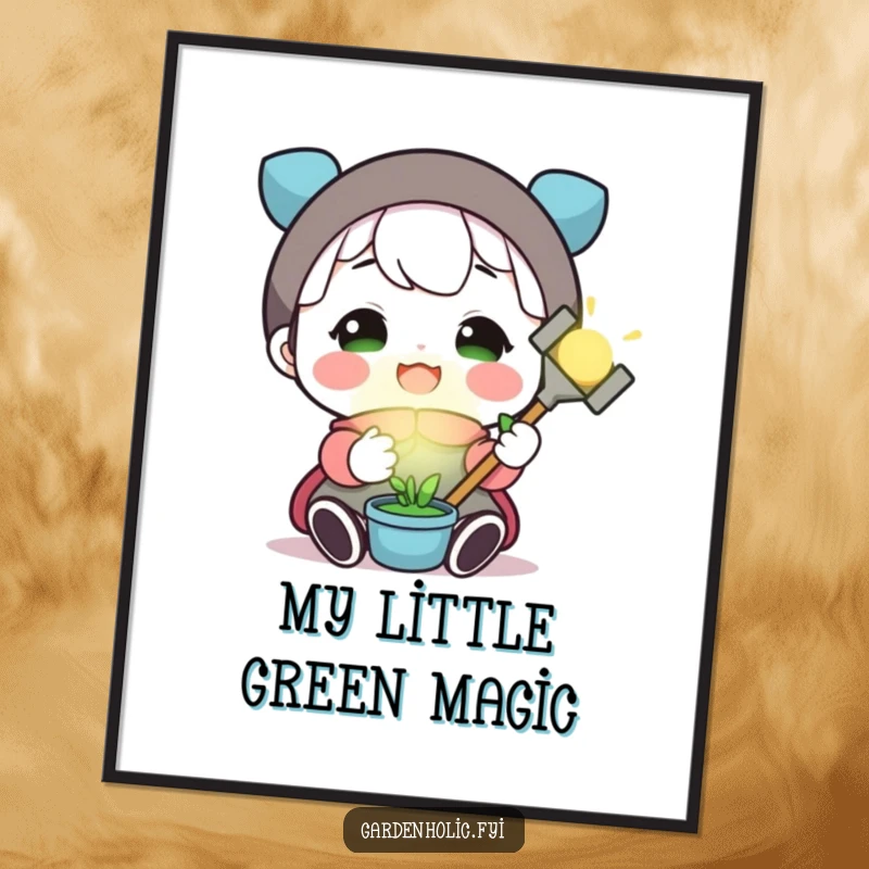 Funny digital art print of a beaming character joyfully holding a miniature, glowing gardening tool, perfect wall decor.