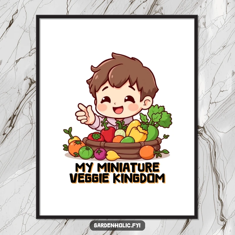 Funny digital art print of a smiling character gesturing to a bountiful miniature vegetable harvest, perfect for cheerful decor.