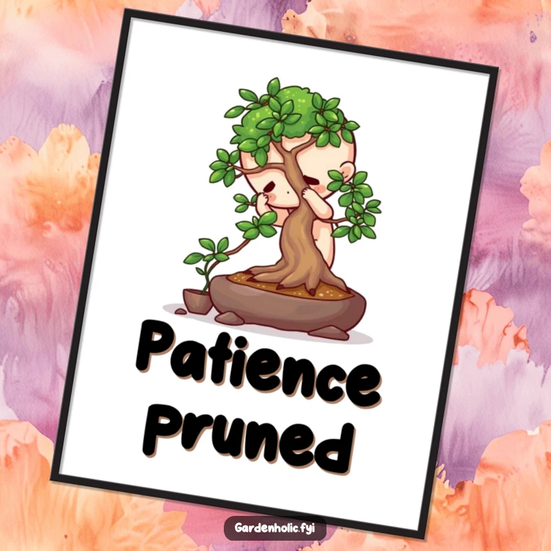 Funny digital art print of a playful character intensely focused on pruning a miniature bonsai tree, symbolizing patience.