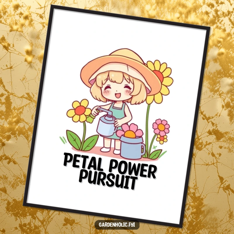 Funny digital art print of a cute character happily watering a comically oversized flower, perfect for cheerful and humorous decor.