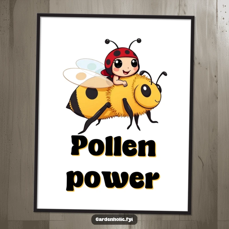 Funny ladybug character riding a friendly bumblebee as digital art, a cute and funny printable gift.