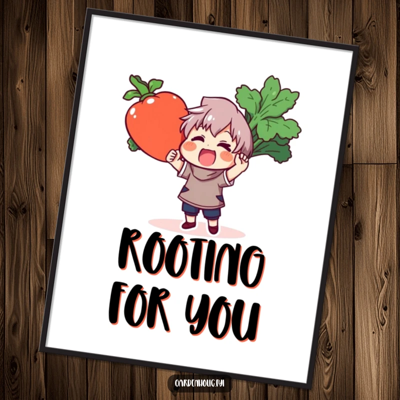 Funny digital art print of an ecstatic character holding a massive, colorful vegetable, ideal for printable wall decor and gifting.