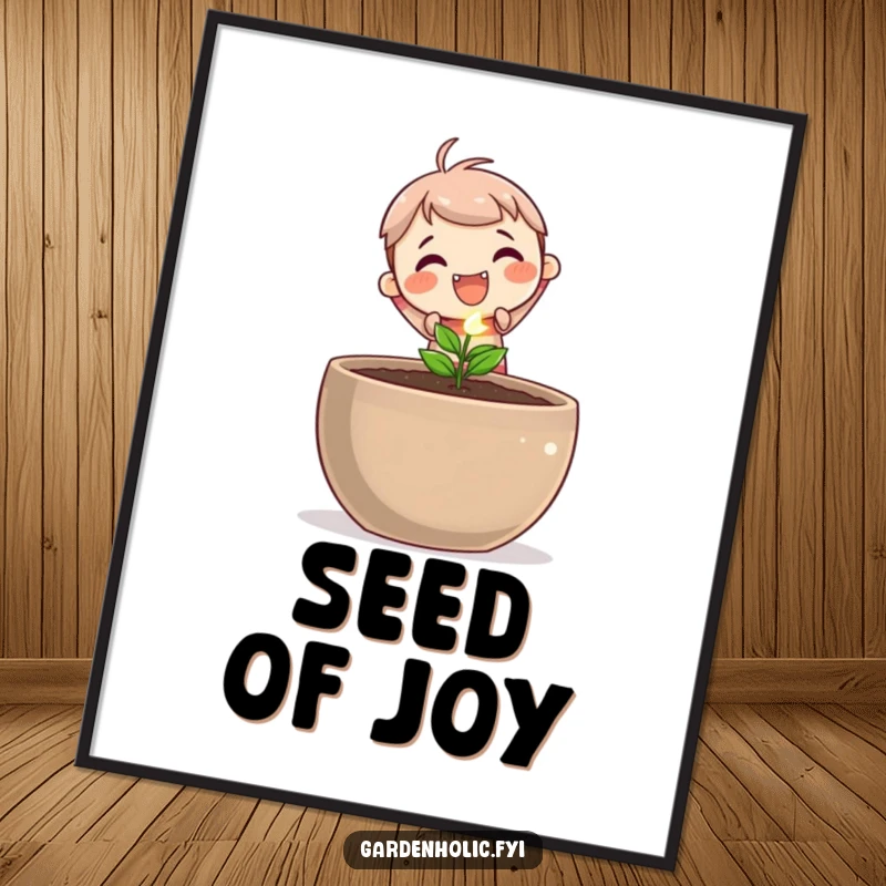 Funny digital art print of a cute character joyfully planting a tiny, sparkling seed into a large pot, symbolizing potential and new life.