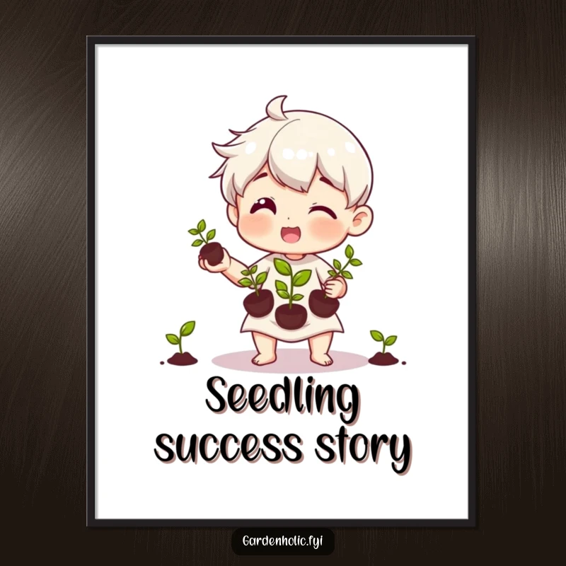 Funny digital art print of a character happily juggling three tiny seedlings, perfect for instant, charming garden-themed decor.