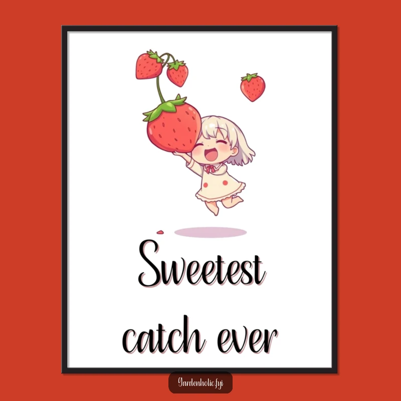 Funny Strawberry Catch Digital Art - Joyful Character, Giant Fruit, Instant Wall Decor!