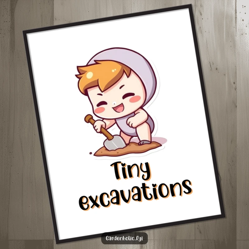 Funny digital art print of a character with a determined grin, digging a tiny hole with a trowel, representing focused effort.