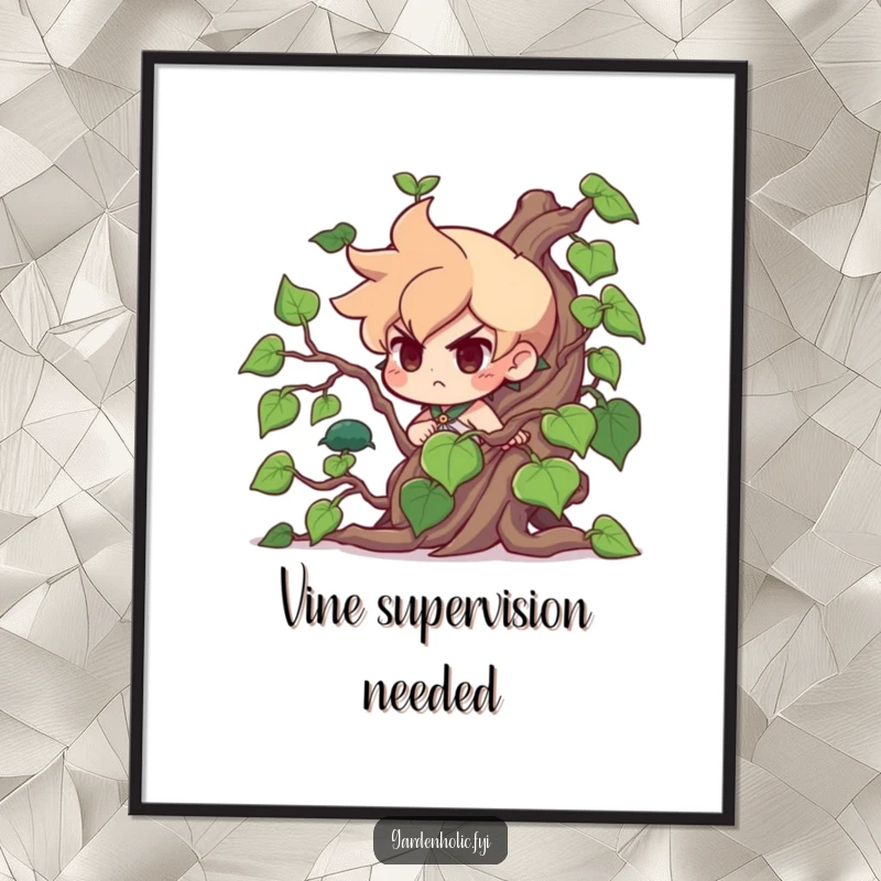 Funny Digital Art Print: A determined character humorously battles a giant, unruly vine, offering a hilarious and unique wall decoration.