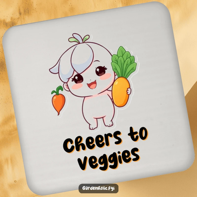 Funny coaster: Tiny character beaming with pride, holding a perfect, shiny vegetable, protecting surfaces.