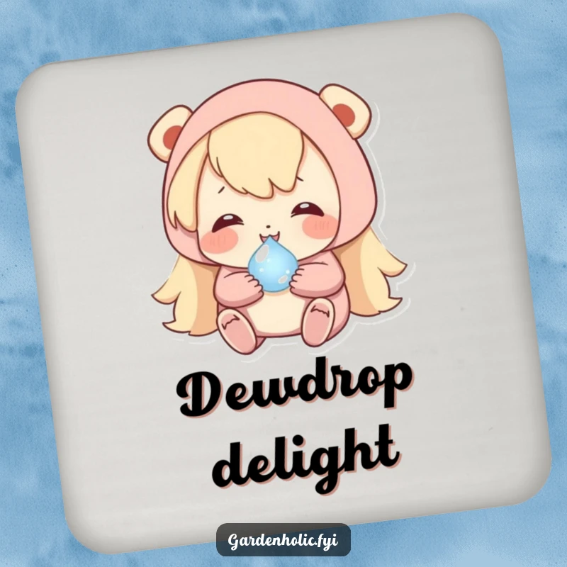 Funny drink coaster featuring a happy character carefully cradling a tiny, shimmering dewdrop, offering protective humor.