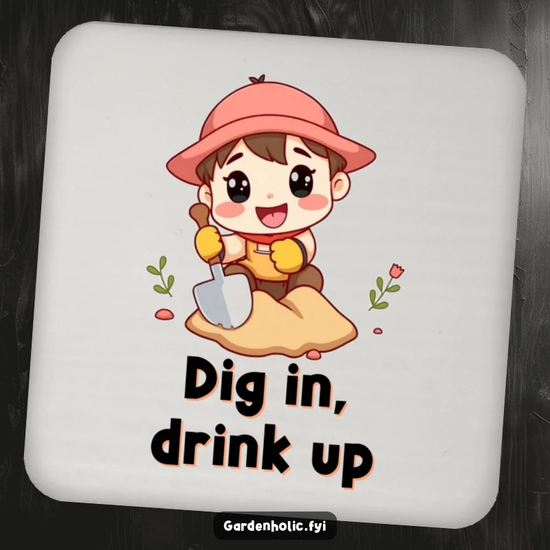 Funny drink coaster featuring a character in gardening gloves, excitedly digging with a miniature shovel, adding energetic garden humor to any surface.