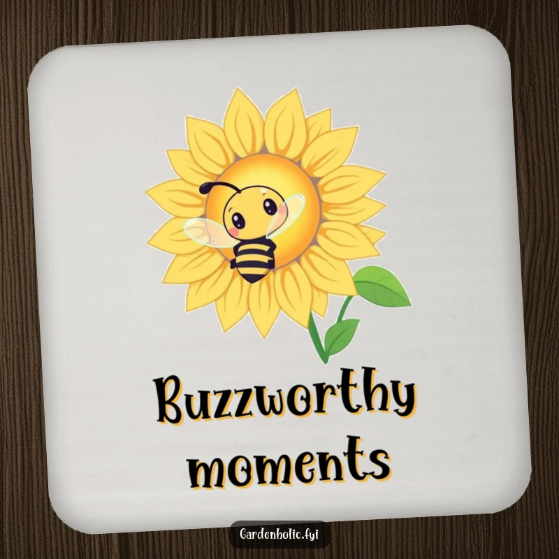 Funny Bee Sunflower Coasters: A curious bee buzzing around a giant glowing sunflower, for surface protection.