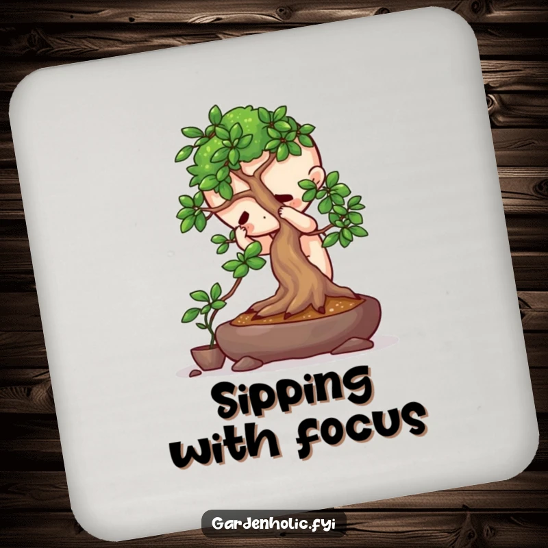Funny drink coaster featuring a playful character intensely focused on pruning a miniature bonsai tree, protecting surfaces with humor.