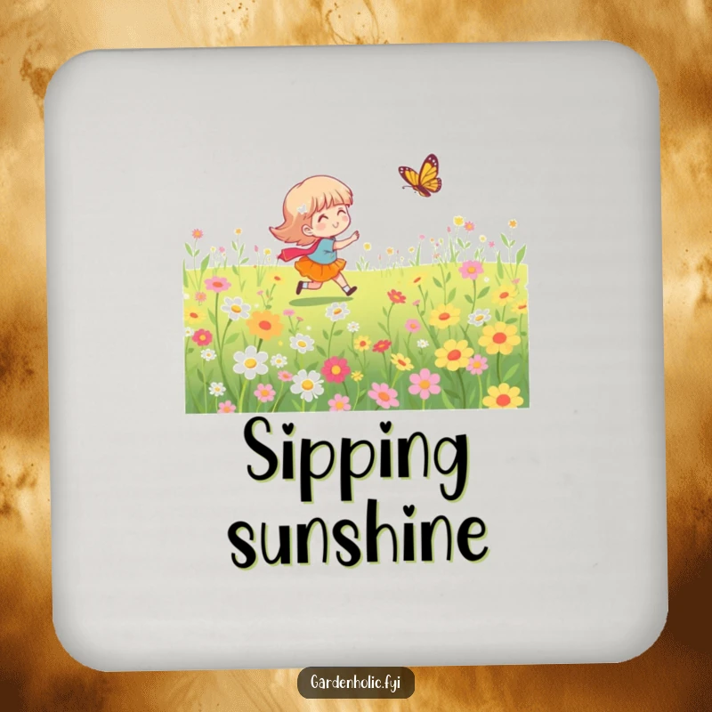 Funny drink coasters featuring a character chasing a butterfly in a flower field, protecting furniture with whimsical charm.