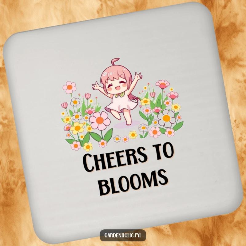Funny drink coaster featuring a little character joyfully doing a victory dance amidst blooming flowers, protecting surfaces with humor.