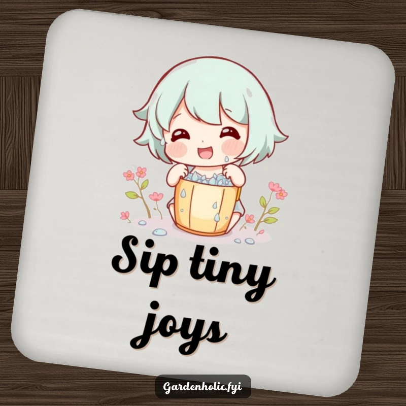 Funny Drink Coasters with a gleeful character collecting dew drops in a miniature bucket, protecting surfaces humorously.