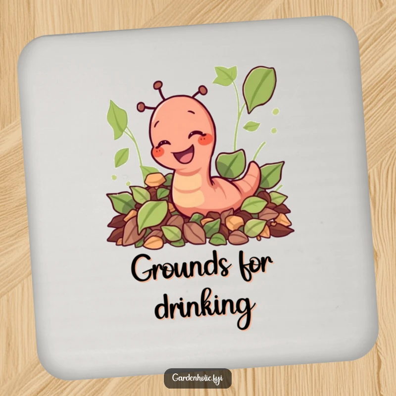 Funny giggling earthworm character digging through leaves on a drink coaster, a fun and funny home gift.