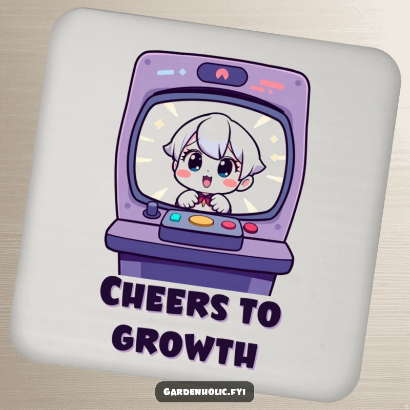 Funny coaster: Charming character looking surprised and delighted at a sprouting seedling, protecting surfaces.
