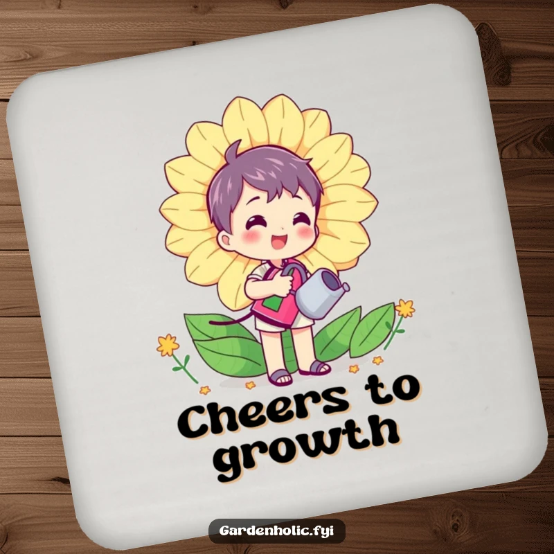 Funny drink coaster featuring a character happily watering a huge, smiling flower with a mini watering can, adding a touch of garden charm.
