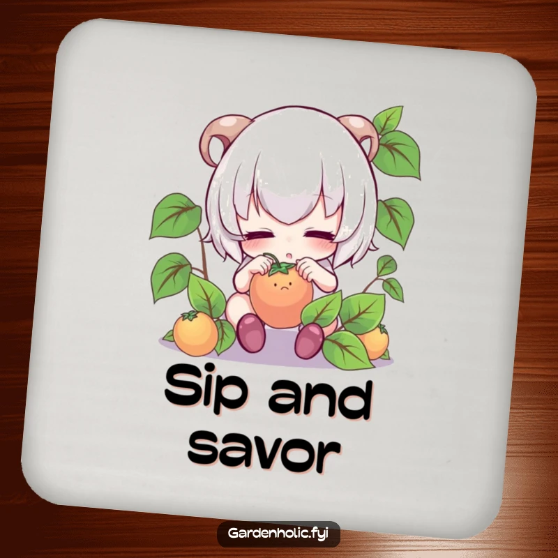 Funny coaster: Cute character intensely focused, gently tending to a tiny fruit, protecting surfaces.