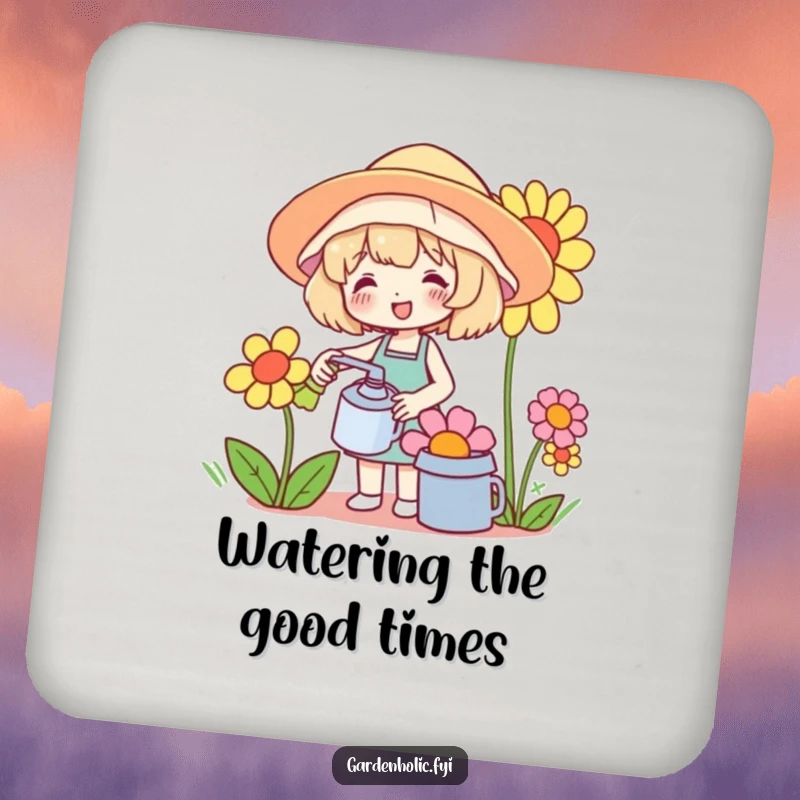 Funny drink coaster featuring a cute character watering a comically oversized flower, adding cheerful garden humor to any surface.