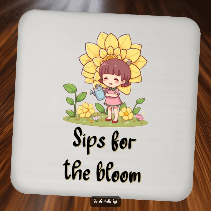 Funny drink coaster showcasing a character happily watering a giant flower with a tiny watering can, perfect for plant lovers.