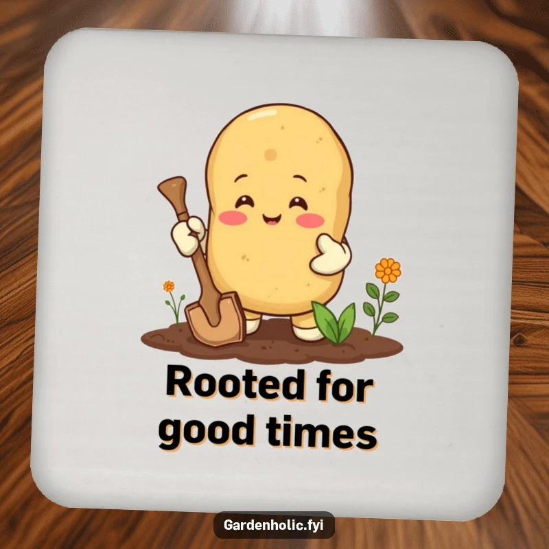Funny coaster: A happy potato in gardening gloves, digging enthusiastically, a humorous table accessory.