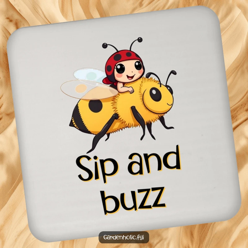 Funny cheerful ladybug riding a large bumblebee on a drink coaster, a cute and funny home gift.