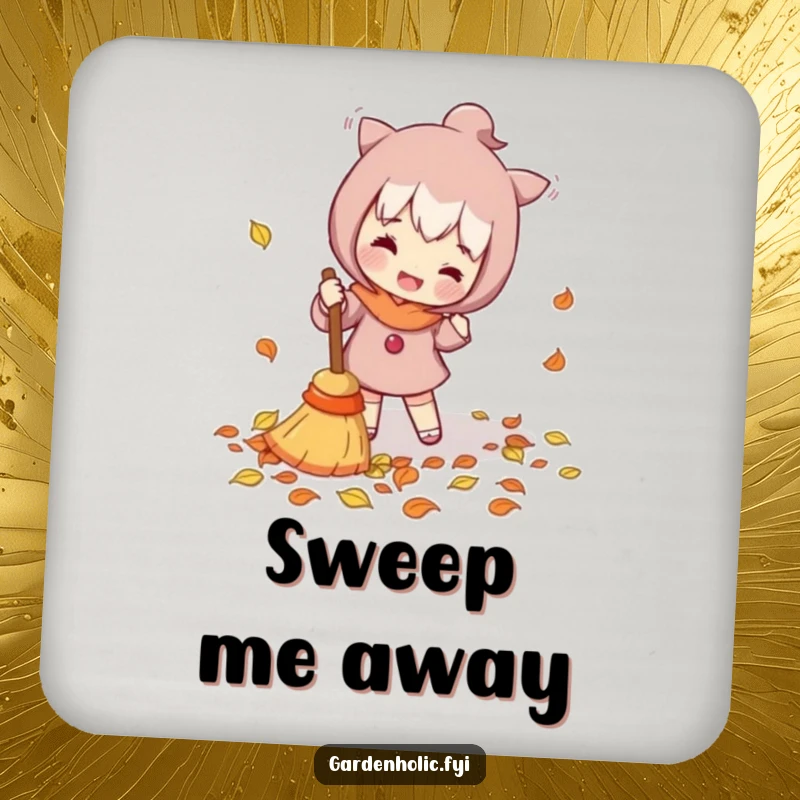 Funny Coasters: Character enthusiastically sweeping fallen leaves with a tiny broom, protecting surfaces with humorous autumn tidiness.