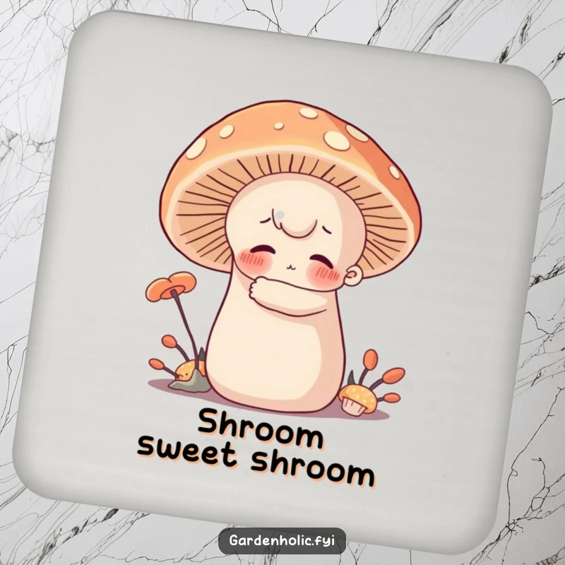Funny Coasters: Character with rosy cheeks hugging a giant, soft mushroom, protecting surfaces with humorous forest affection.