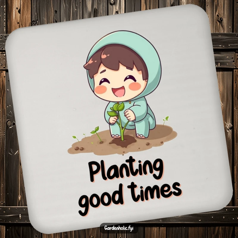 Funny drink coaster showcasing an excited character planting a seed with a big smile, perfect for planters.