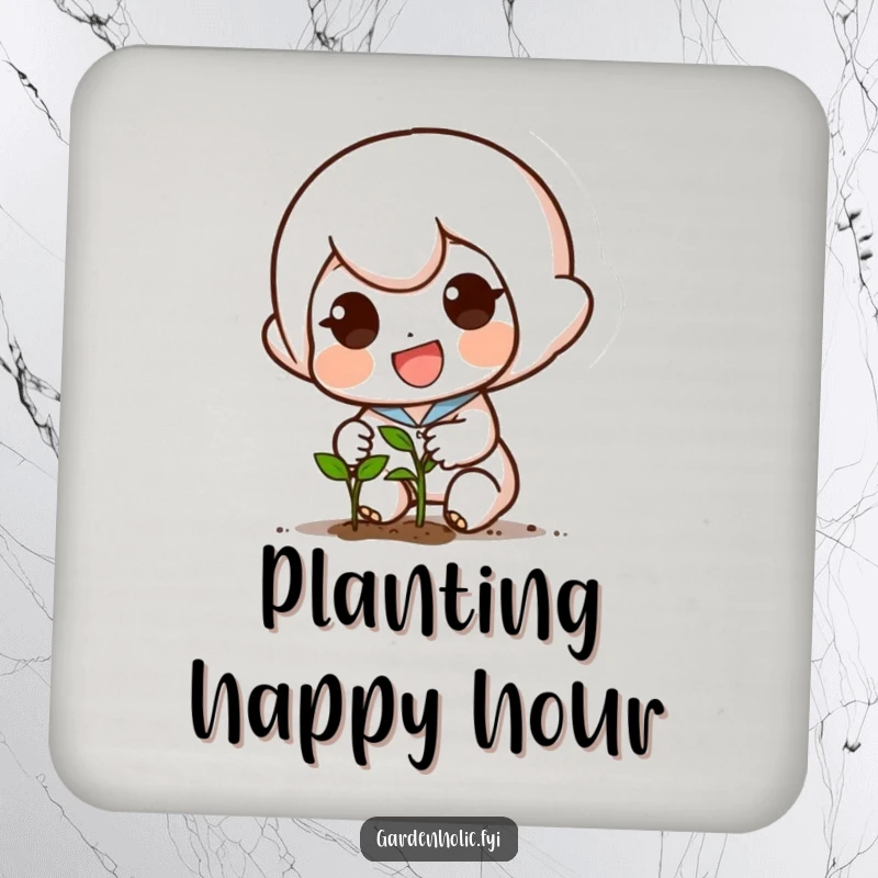Funny drink coaster featuring a small, determined character planting a tiny seed with a smile, protecting surfaces with humor.