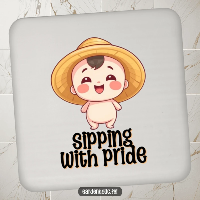 Funny Drink Coasters: Entity wearing a straw hat, beaming with pride, protecting surfaces with humorous charm, an ideal funny gift.